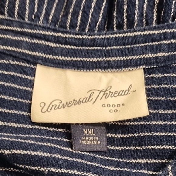 Navy & White Stripe Linen Blend Button Down Shirt Dress Ruffle Hem Knee Length - Picture 8 of 14